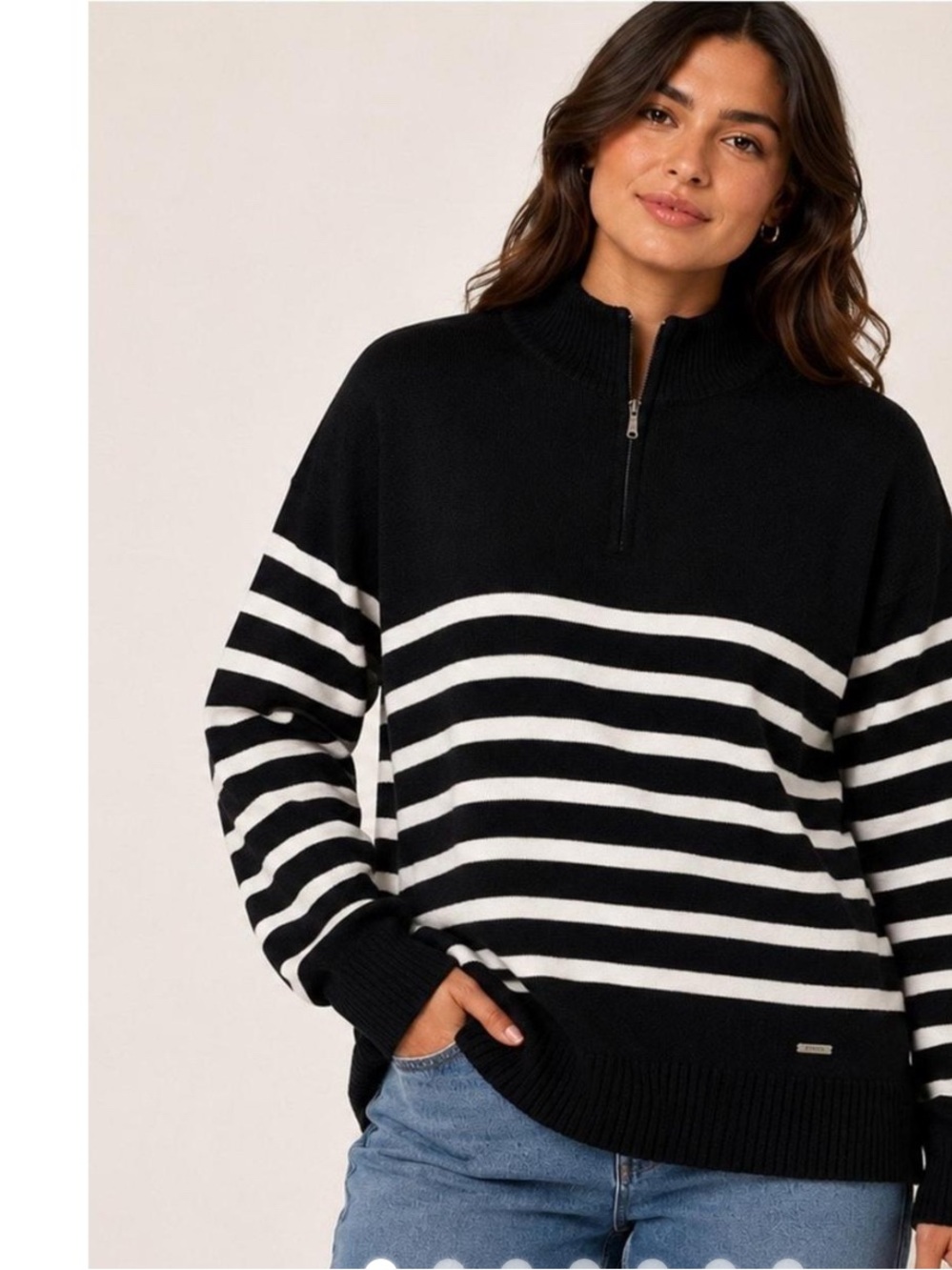 DKNY Black & White Striped Half-Zip Turtleneck Sweater